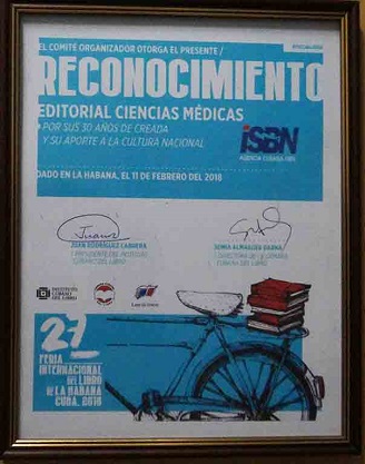 Diploma otorgado por la Cámara Cubana del Libro. 2018